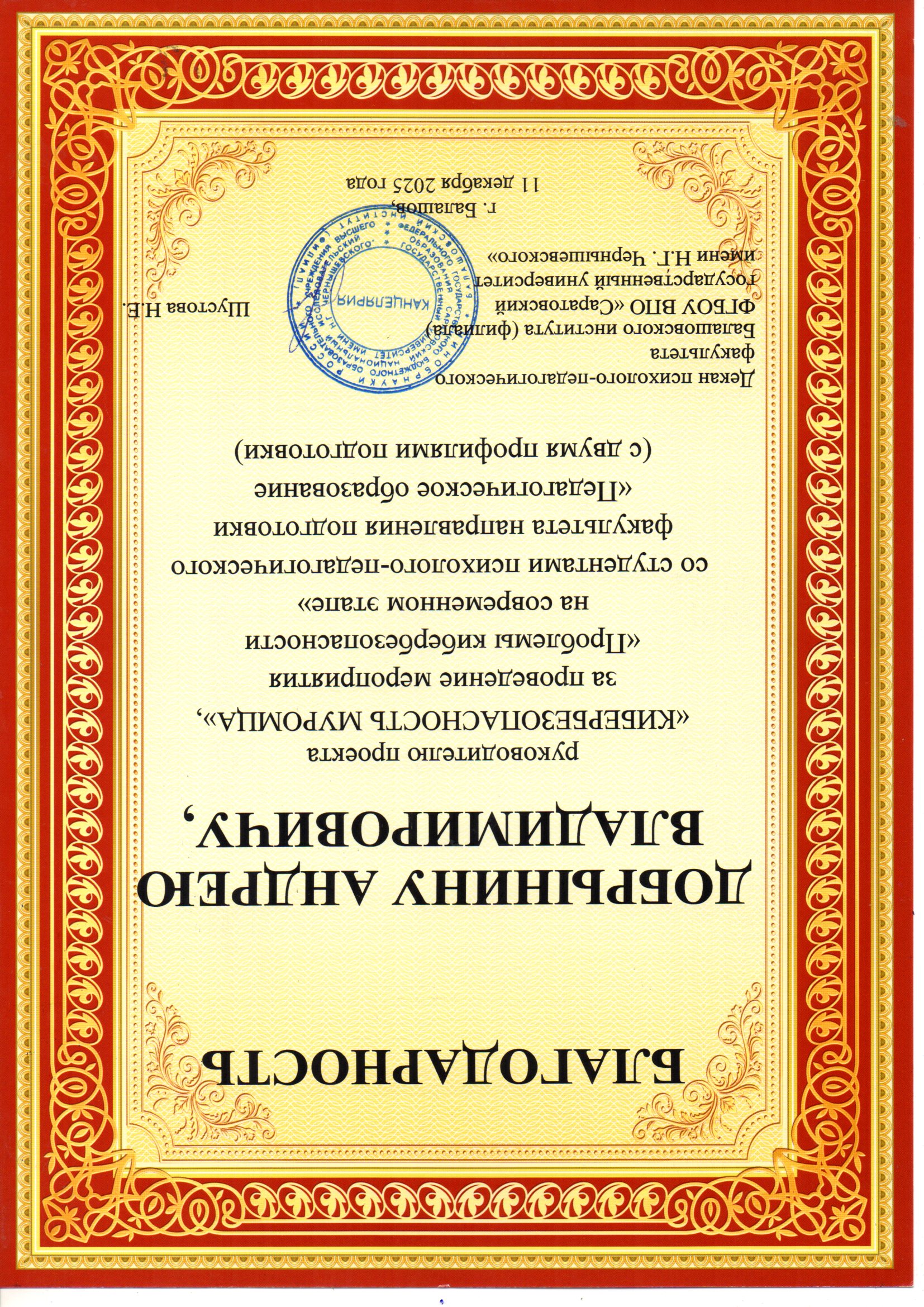 Благодарность Андрею Добрынину от Балашовского института СГУ имени Н. Г. Чернышевского